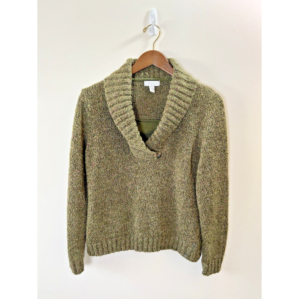 Women's Wool Blend Shawl Sweater Size M/P Green Pink Marled Timeless Cabincore